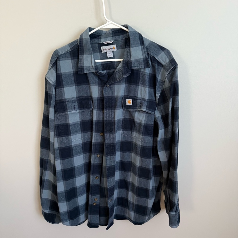 Carhartt Men's Large Original Fit Blue Buffalo Plaid Button Down Flannel VGUC